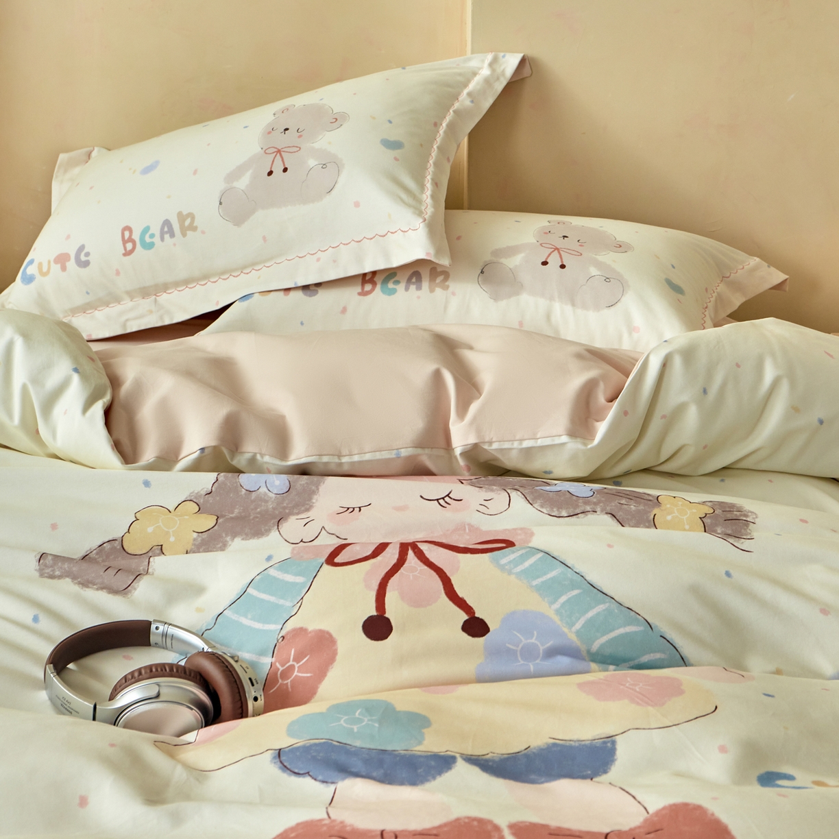 91家纺网 家纺一手货源 找家纺 洺兰家居 2025年新款秋冬加厚全棉磨毛四件套纯棉生态磨毛印花套件 可爱哆-米