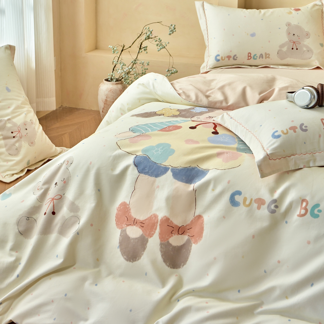 91家纺网 家纺一手货源 找家纺 洺兰家居 2025年新款秋冬加厚全棉磨毛四件套纯棉生态磨毛印花套件 可爱哆-米