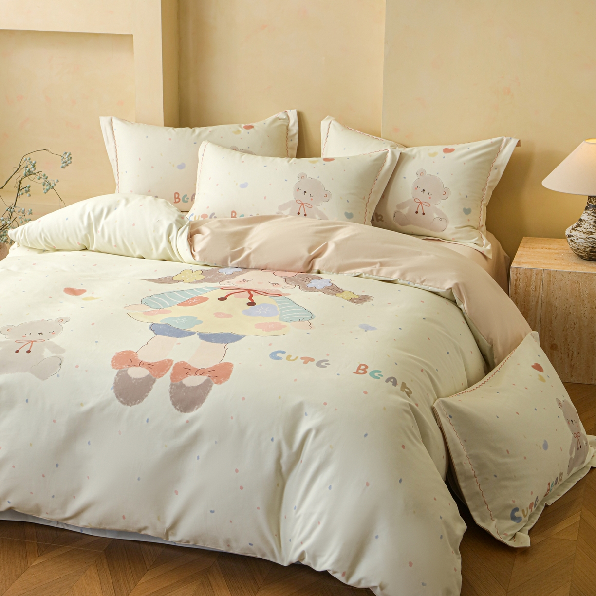 91家纺网 家纺一手货源 找家纺 洺兰家居 2025年新款秋冬加厚全棉磨毛四件套纯棉生态磨毛印花套件 可爱哆-米