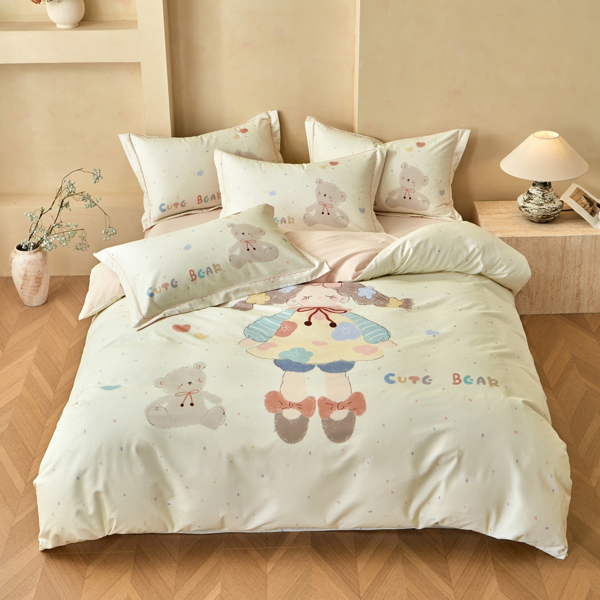 91家纺网 家纺一手货源 找家纺 洺兰家居 2025年新款秋冬加厚全棉磨毛四件套纯棉生态磨毛印花套件 可爱哆-米