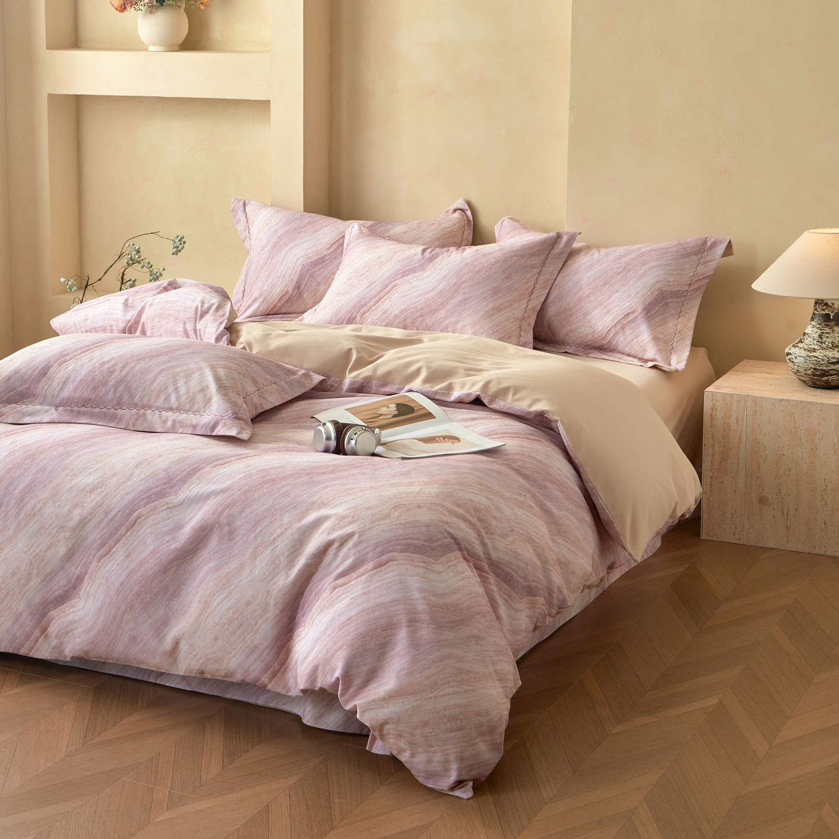 91家纺网 家纺一手货源 找家纺 洺兰家居 2025年新款秋冬加厚全棉磨毛四件套纯棉生态磨毛印花套件 烟云-豆沙