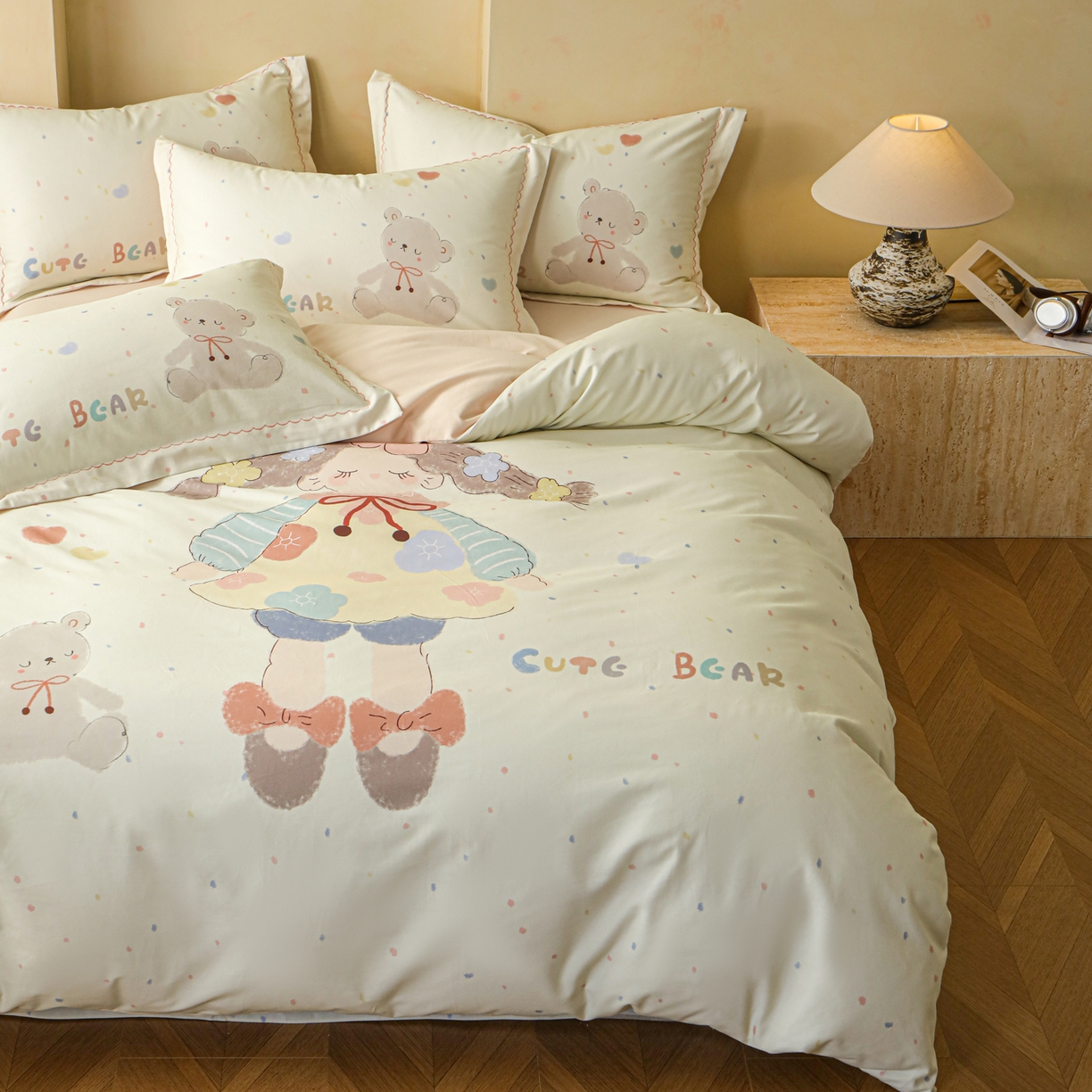 91家纺网 家纺一手货源 找家纺 洺兰家居 2025年新款秋冬加厚全棉磨毛四件套纯棉生态磨毛印花套件 可爱哆-米