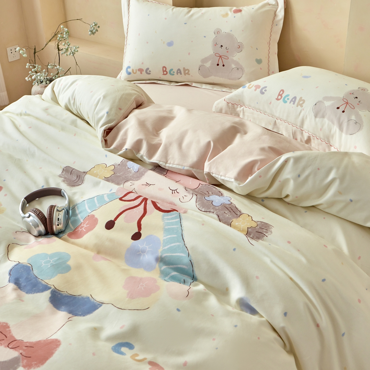 91家纺网 家纺一手货源 找家纺 洺兰家居 2025年新款秋冬加厚全棉磨毛四件套纯棉生态磨毛印花套件 可爱哆-米