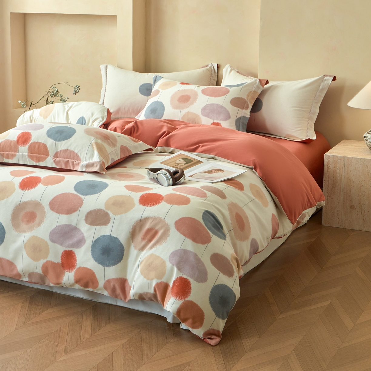 91家纺网 家纺一手货源 找家纺 洺兰家居 2025年新款秋冬加厚全棉磨毛四件套纯棉生态磨毛印花套件 蒸蒸日上-红