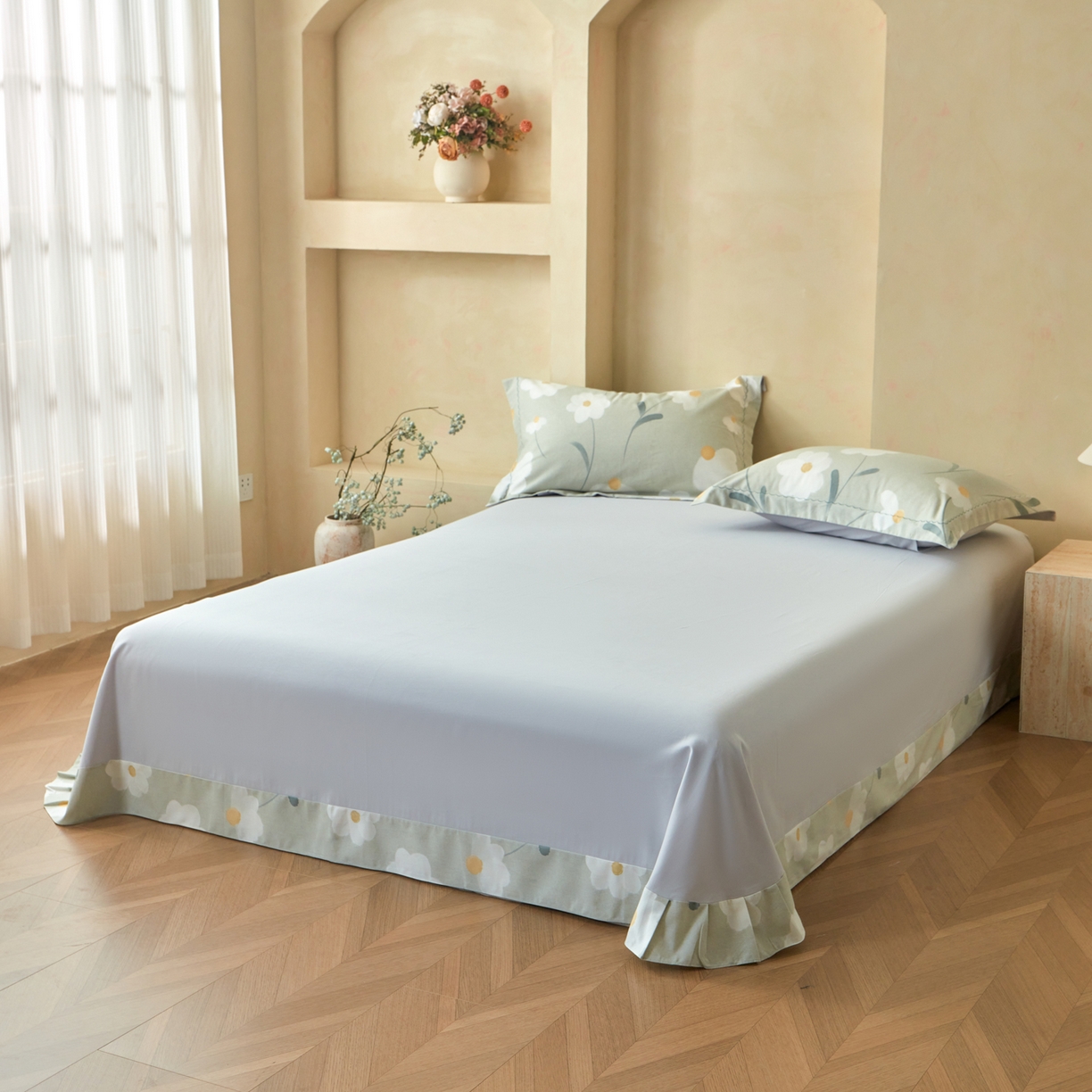 91家纺网 家纺一手货源 找家纺 洺兰家居 2025年新款秋冬加厚全棉磨毛四件套纯棉生态磨毛印花套件 花漾情-绿