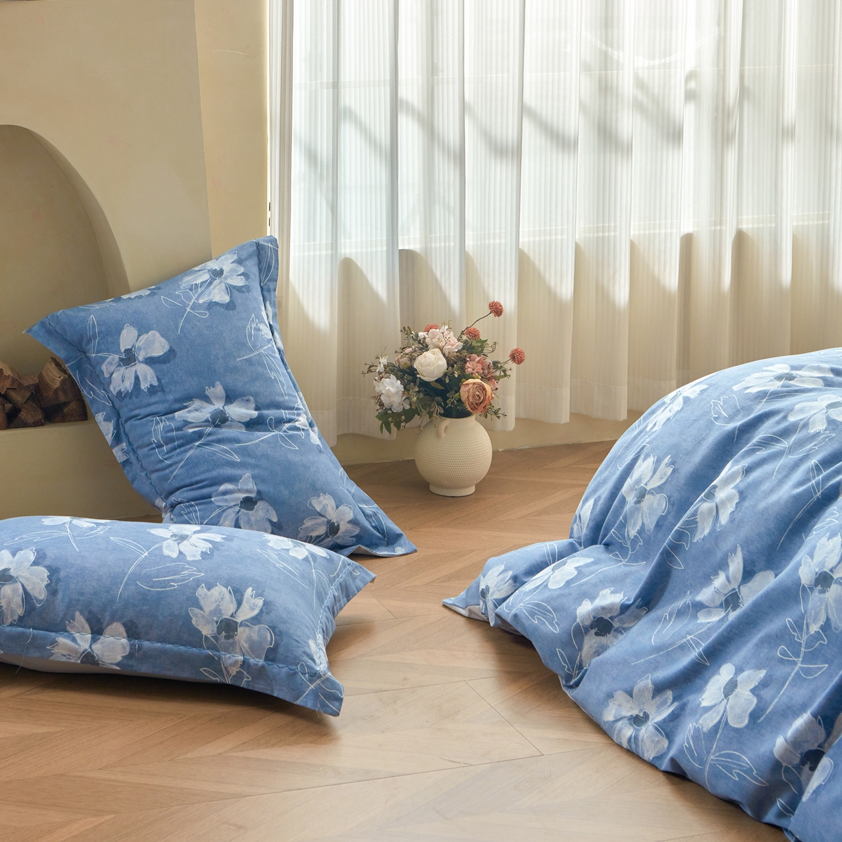 91家纺网 家纺一手货源 找家纺 洺兰家居 2025年新款秋冬加厚全棉磨毛四件套纯棉生态磨毛印花套件 琼芳玉露-蓝