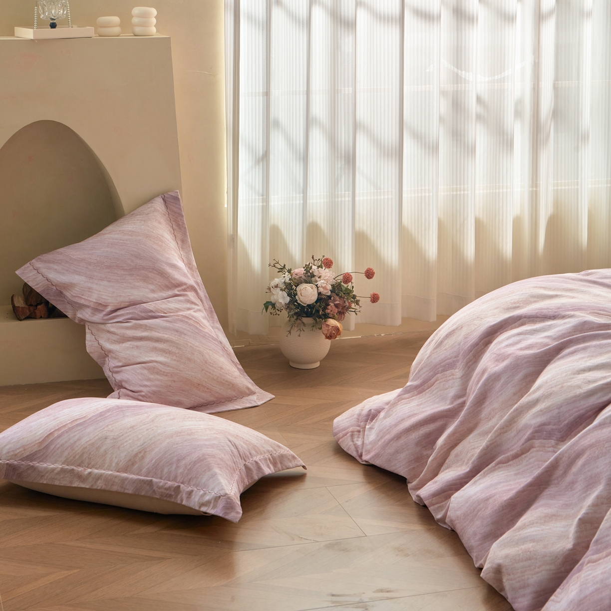 91家纺网 家纺一手货源 找家纺 洺兰家居 2025年新款秋冬加厚全棉磨毛四件套纯棉生态磨毛印花套件 烟云-豆沙