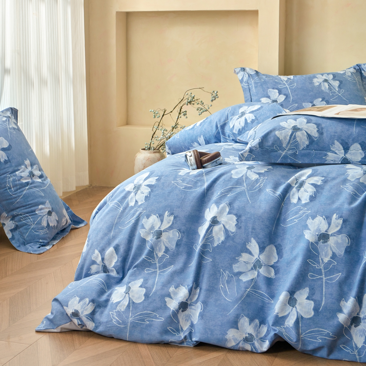 91家纺网 家纺一手货源 找家纺 洺兰家居 2025年新款秋冬加厚全棉磨毛四件套纯棉生态磨毛印花套件 琼芳玉露-蓝