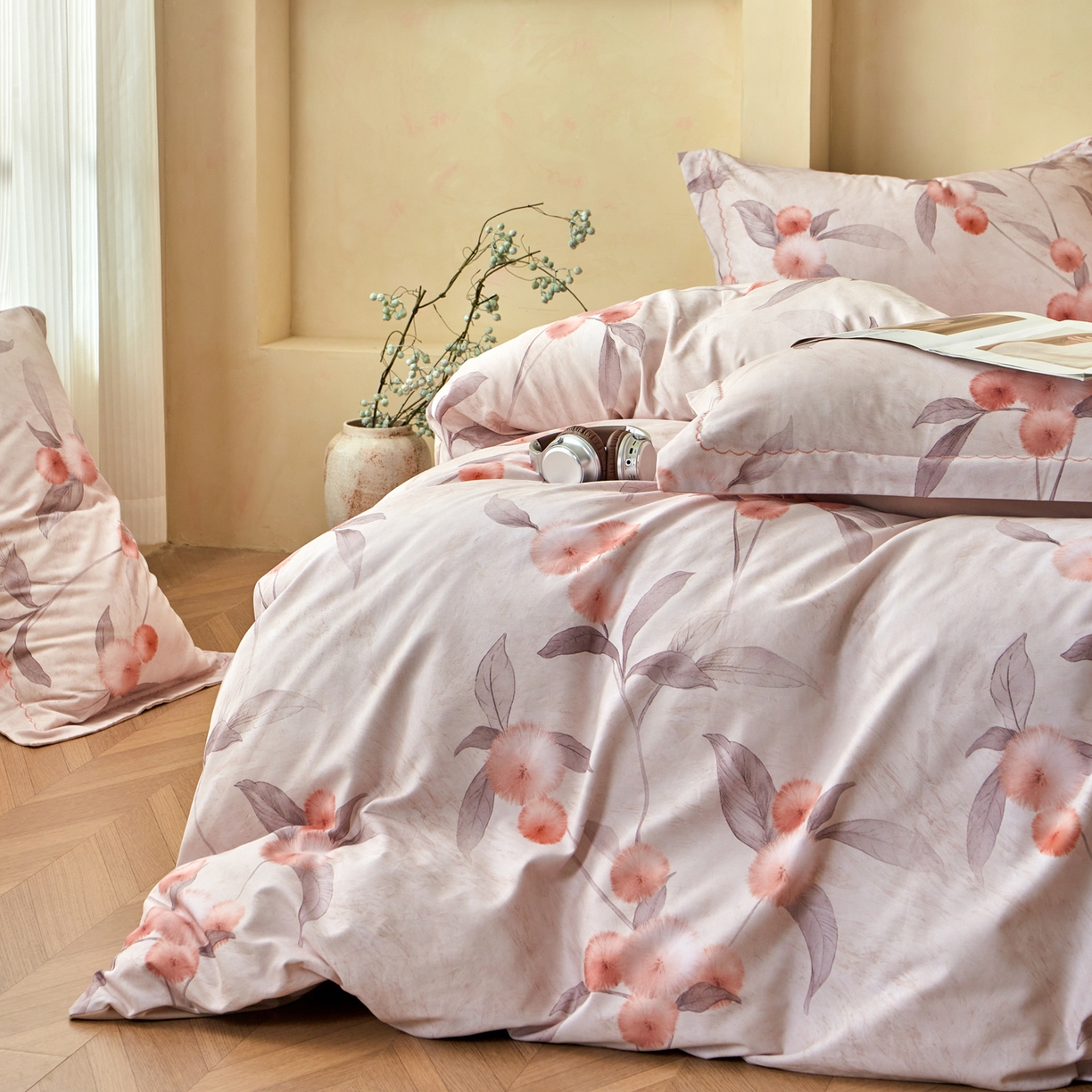 91家纺网 家纺一手货源 找家纺 洺兰家居 2025年新款秋冬加厚全棉磨毛四件套纯棉生态磨毛印花套件 枇杷果-粉