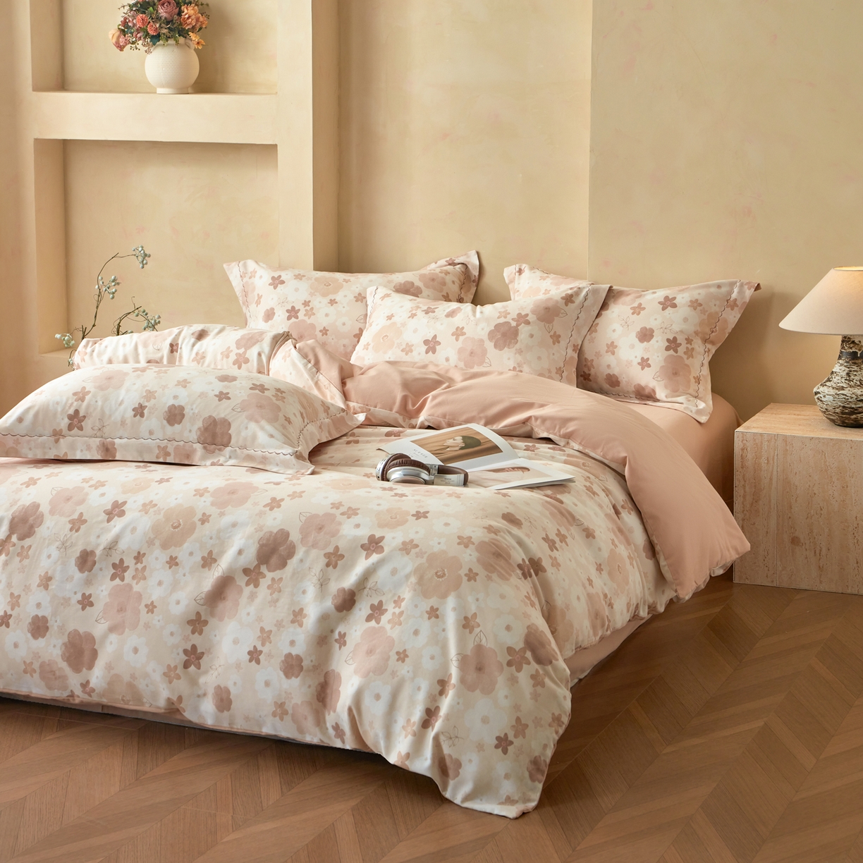 91家纺网 家纺一手货源 找家纺 洺兰家居 2025年新款秋冬加厚全棉磨毛四件套纯棉生态磨毛印花套件 涧菓-桔