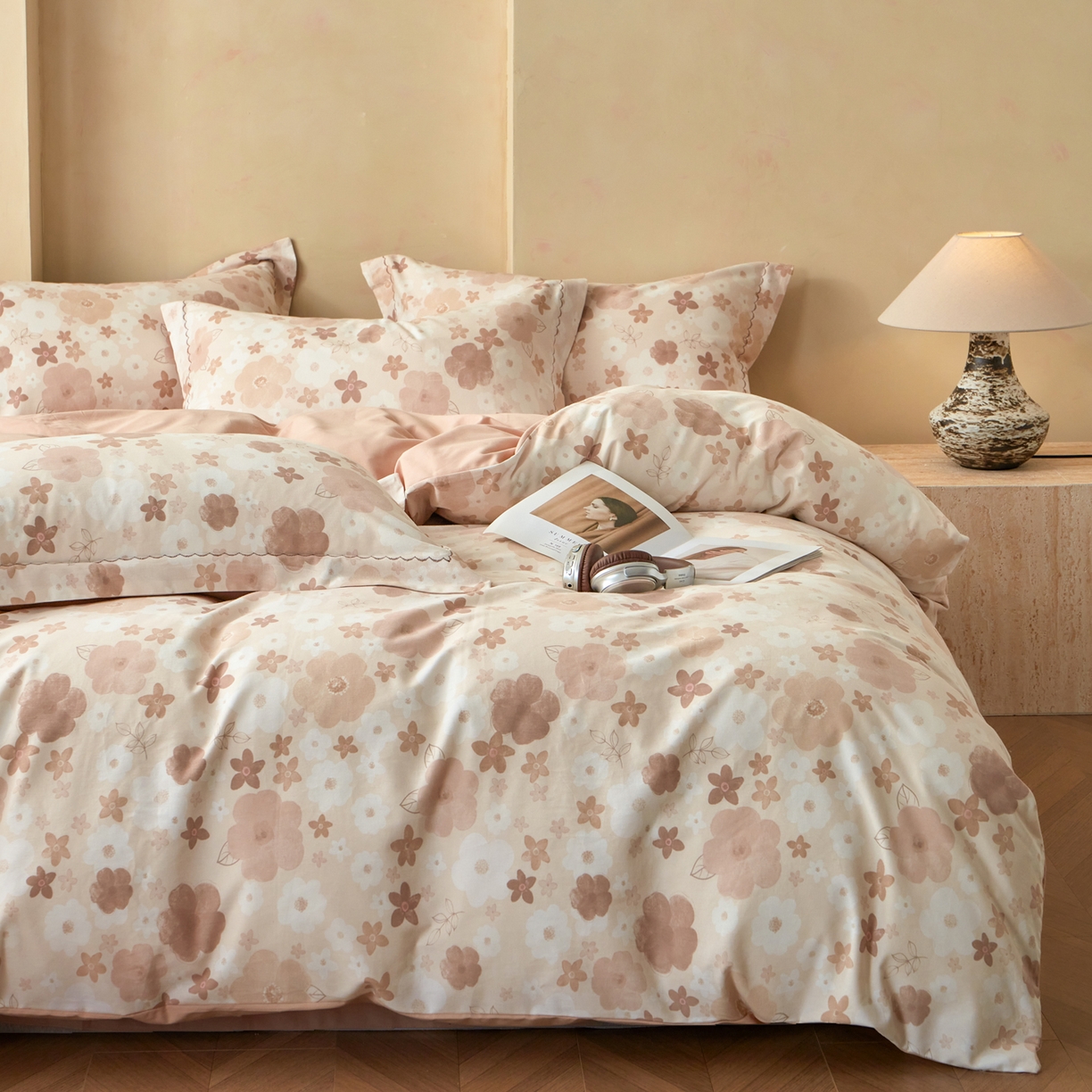 91家纺网 家纺一手货源 找家纺 洺兰家居 2025年新款秋冬加厚全棉磨毛四件套纯棉生态磨毛印花套件 涧菓-桔