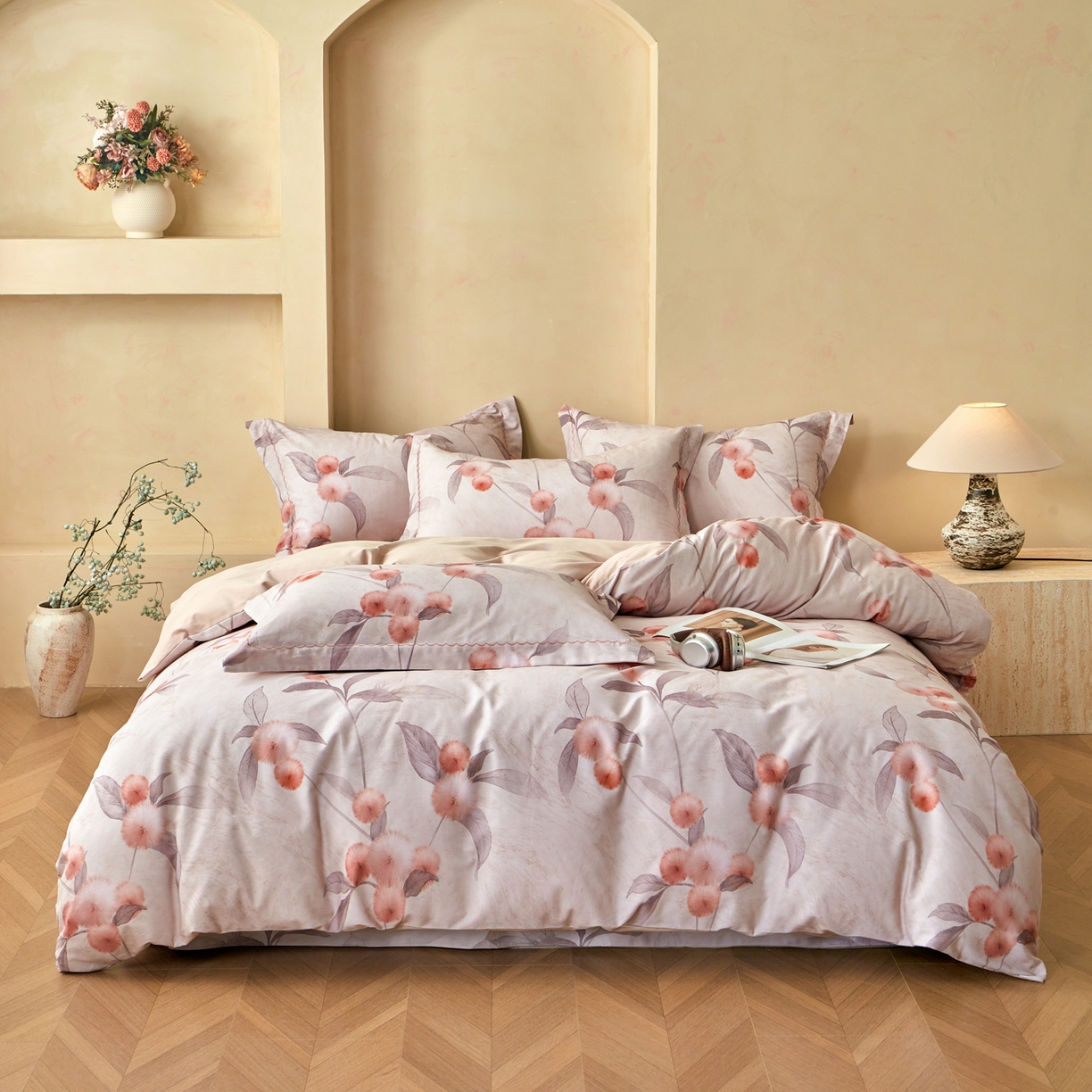 91家纺网 家纺一手货源 找家纺 洺兰家居 2025年新款秋冬加厚全棉磨毛四件套纯棉生态磨毛印花套件 枇杷果-粉