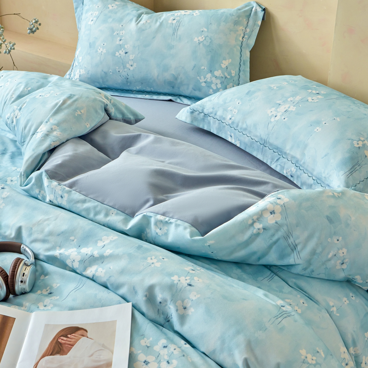 91家纺网 家纺一手货源 找家纺 洺兰家居 2025年新款秋冬加厚全棉磨毛四件套纯棉生态磨毛印花套件 粉黛轻妆-蓝