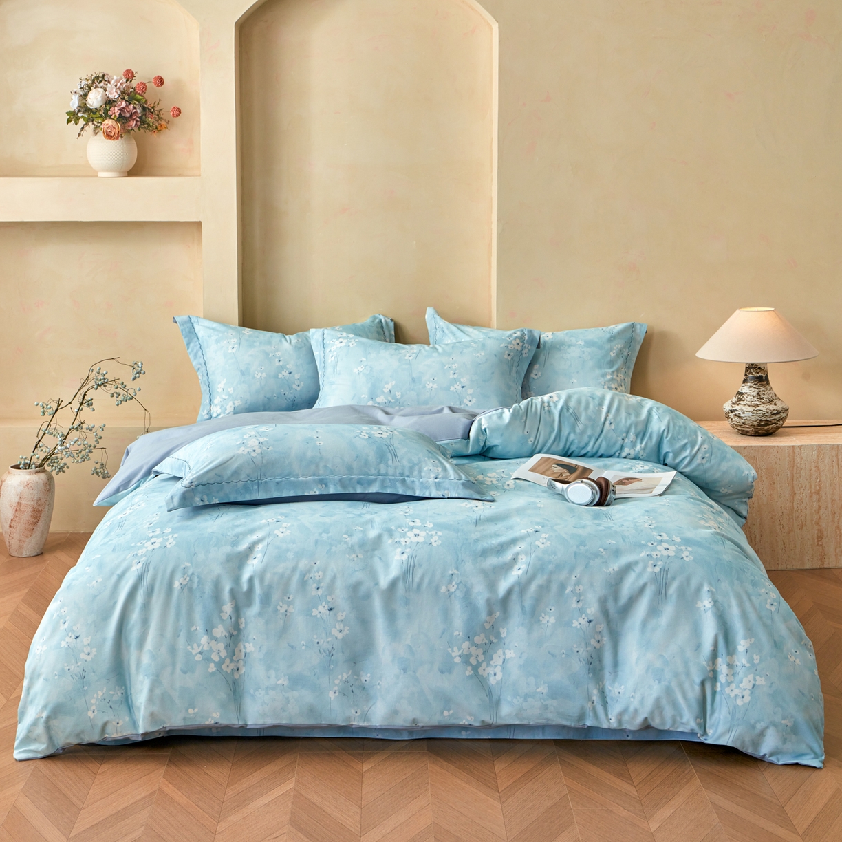 91家纺网 家纺一手货源 找家纺 洺兰家居 2025年新款秋冬加厚全棉磨毛四件套纯棉生态磨毛印花套件 粉黛轻妆-蓝