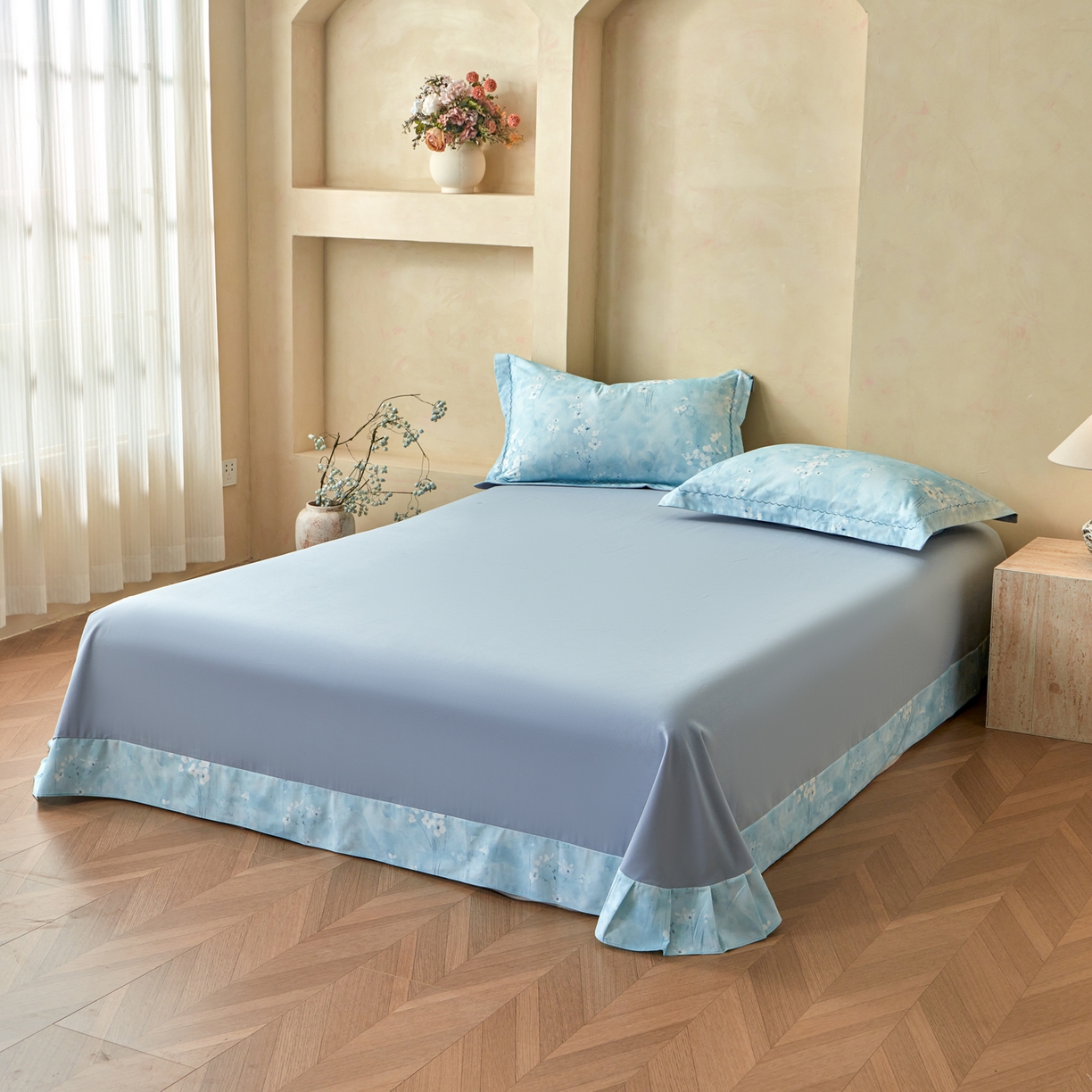 91家纺网 家纺一手货源 找家纺 洺兰家居 2025年新款秋冬加厚全棉磨毛四件套纯棉生态磨毛印花套件 粉黛轻妆-蓝