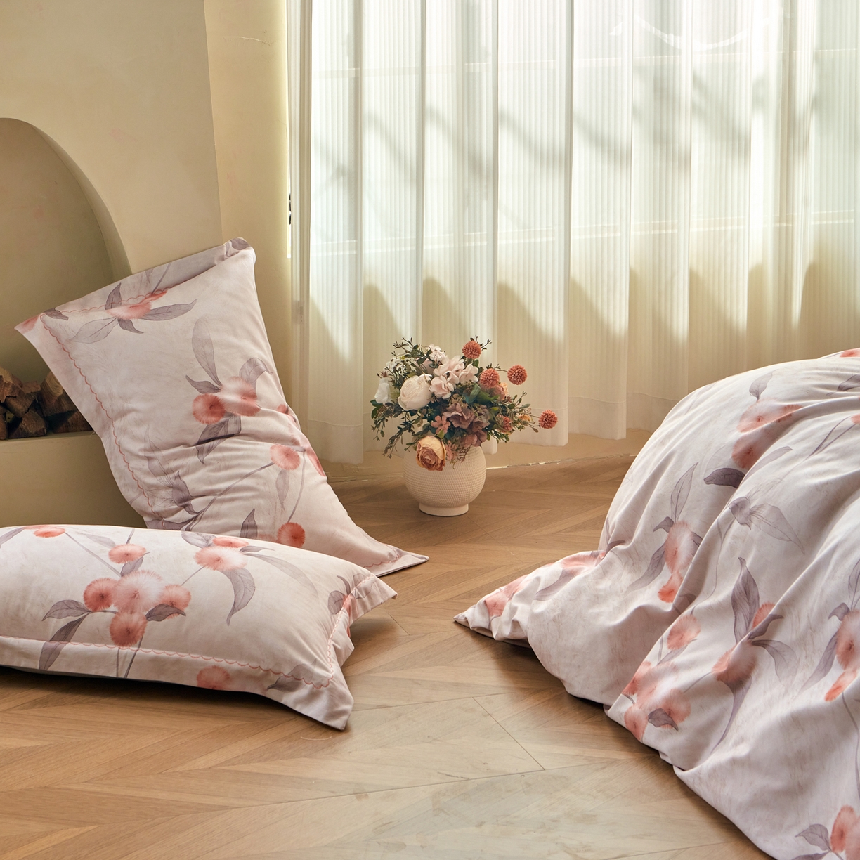 91家纺网 家纺一手货源 找家纺 洺兰家居 2025年新款秋冬加厚全棉磨毛四件套纯棉生态磨毛印花套件 枇杷果-粉