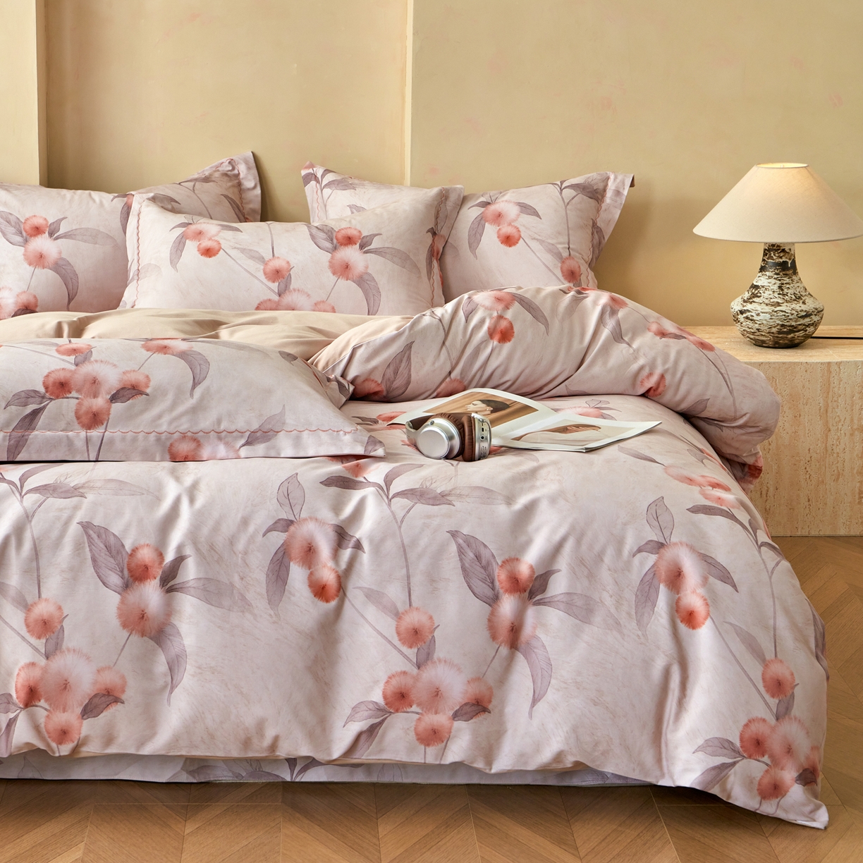 91家纺网 家纺一手货源 找家纺 洺兰家居 2025年新款秋冬加厚全棉磨毛四件套纯棉生态磨毛印花套件 枇杷果-粉