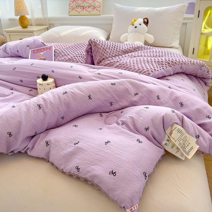 91家纺网 家纺一手货源 找家纺 好梦来家纺（原锦茂家纺） 2025新款水洗高克重双层纱豆豆被子加厚保暖被芯春秋被冬被 蝴蝶结