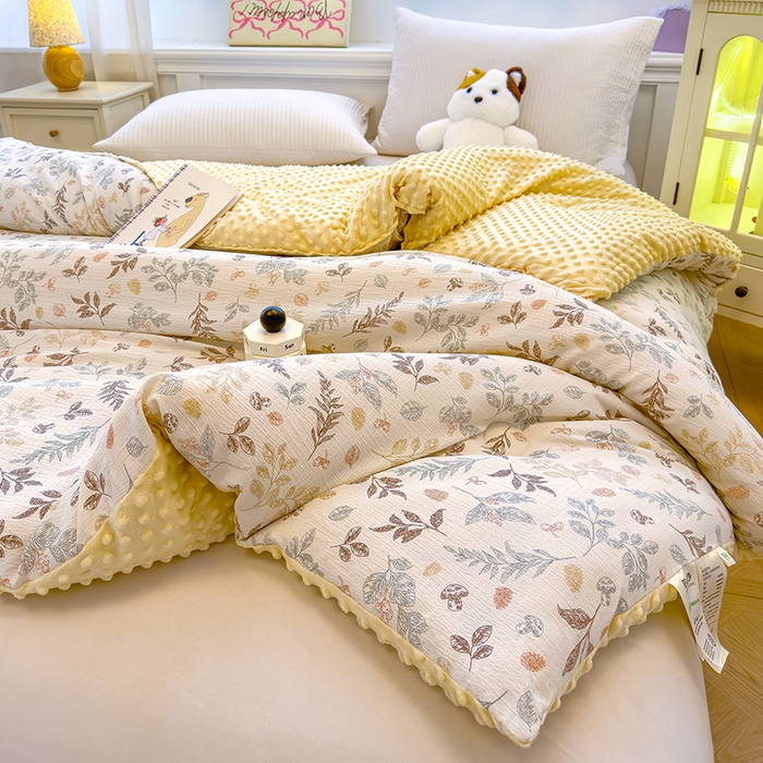 91家纺网 家纺一手货源 找家纺 好梦来家纺（原锦茂家纺） 2025新款水洗高克重双层纱豆豆被子加厚保暖被芯春秋被冬被 叶叶相恋