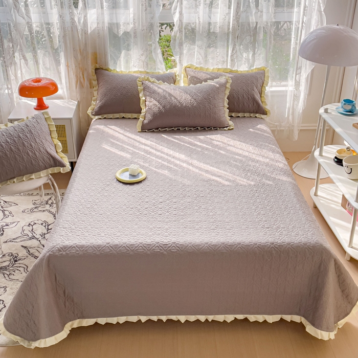 妮可 2025新款全棉纯色花边款40S纯棉夹棉绗缝四季款多功能床盖 轻奢灰