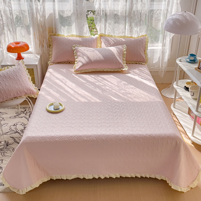 妮可 2025新款全棉纯色花边款40S纯棉夹棉绗缝四季款多功能床盖 春日粉