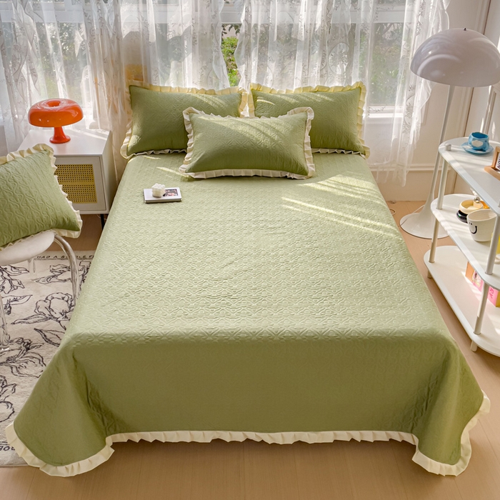妮可 2025新款全棉纯色花边款40S纯棉夹棉绗缝四季款多功能床盖 青草绿