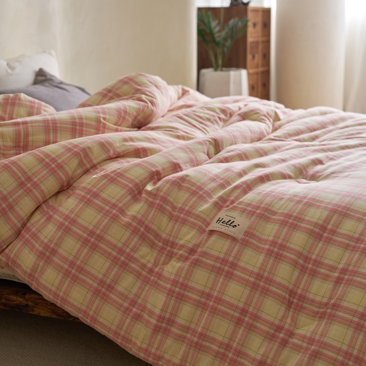 91家纺网 家纺一手货源 找家纺 久典家居 2025新款全棉色织水洗棉大豆被 被子被芯 芭蕾粉