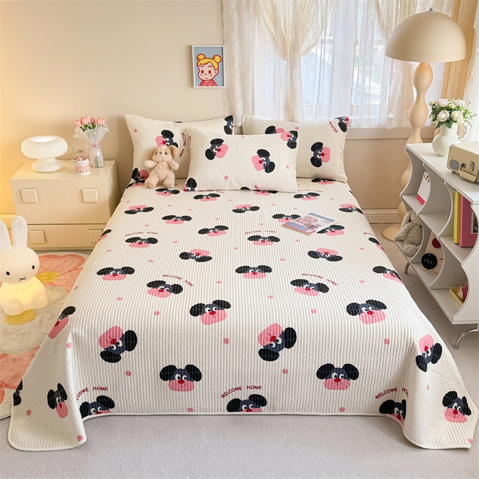 91家纺网 家纺一手货源 找家纺 妮可 2025新款热款花型印花全棉夹棉多功能床垫-床盖 粉点狗狗