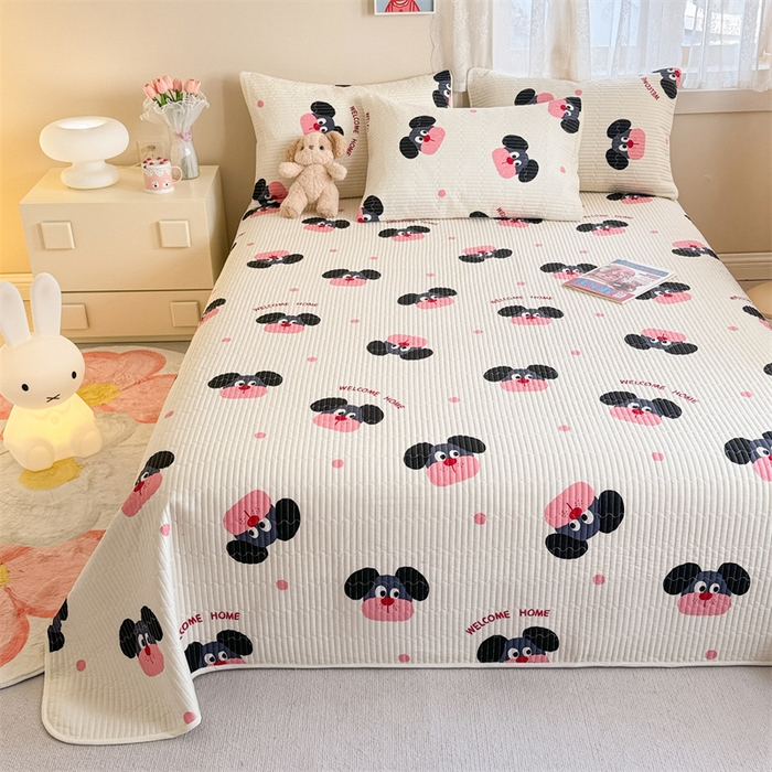 91家纺网 家纺一手货源 找家纺 妮可 2025新款热款花型印花全棉夹棉多功能床垫-床盖 粉点狗狗