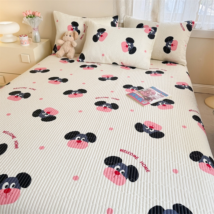 91家纺网 家纺一手货源 找家纺 妮可 2025新款热款花型印花全棉夹棉多功能床垫-床盖 粉点狗狗