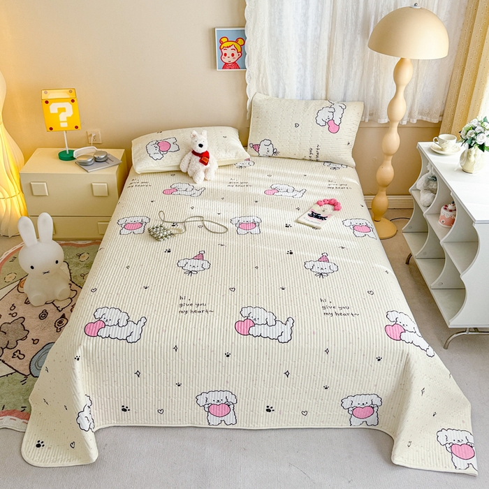 91家纺网 家纺一手货源 找家纺 妮可 2025新款热款花型印花全棉夹棉多功能床垫-床盖 爱心小狗