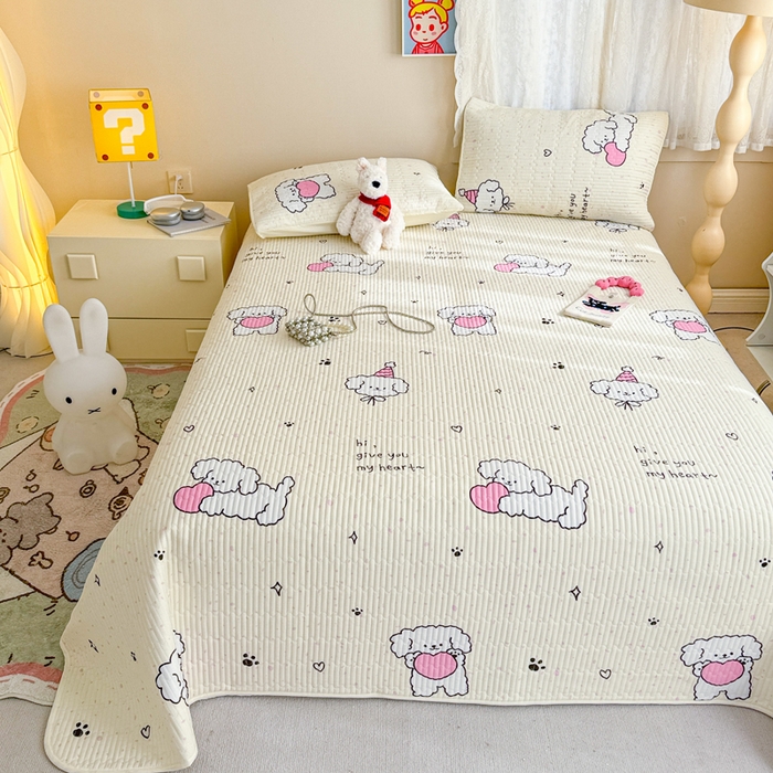 91家纺网 家纺一手货源 找家纺 妮可 2025新款热款花型印花全棉夹棉多功能床垫-床盖 爱心小狗