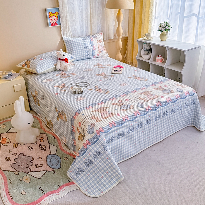 91家纺网 家纺一手货源 找家纺 妮可 2025新款热款花型印花全棉夹棉多功能床垫-床盖 莉雅兔