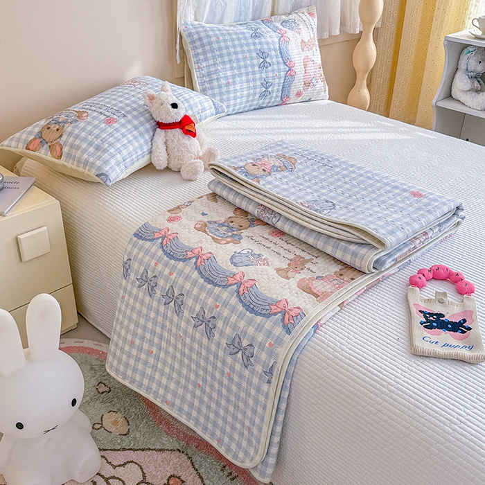 91家纺网 家纺一手货源 找家纺 妮可 2025新款热款花型印花全棉夹棉多功能床垫-床盖 莉雅兔