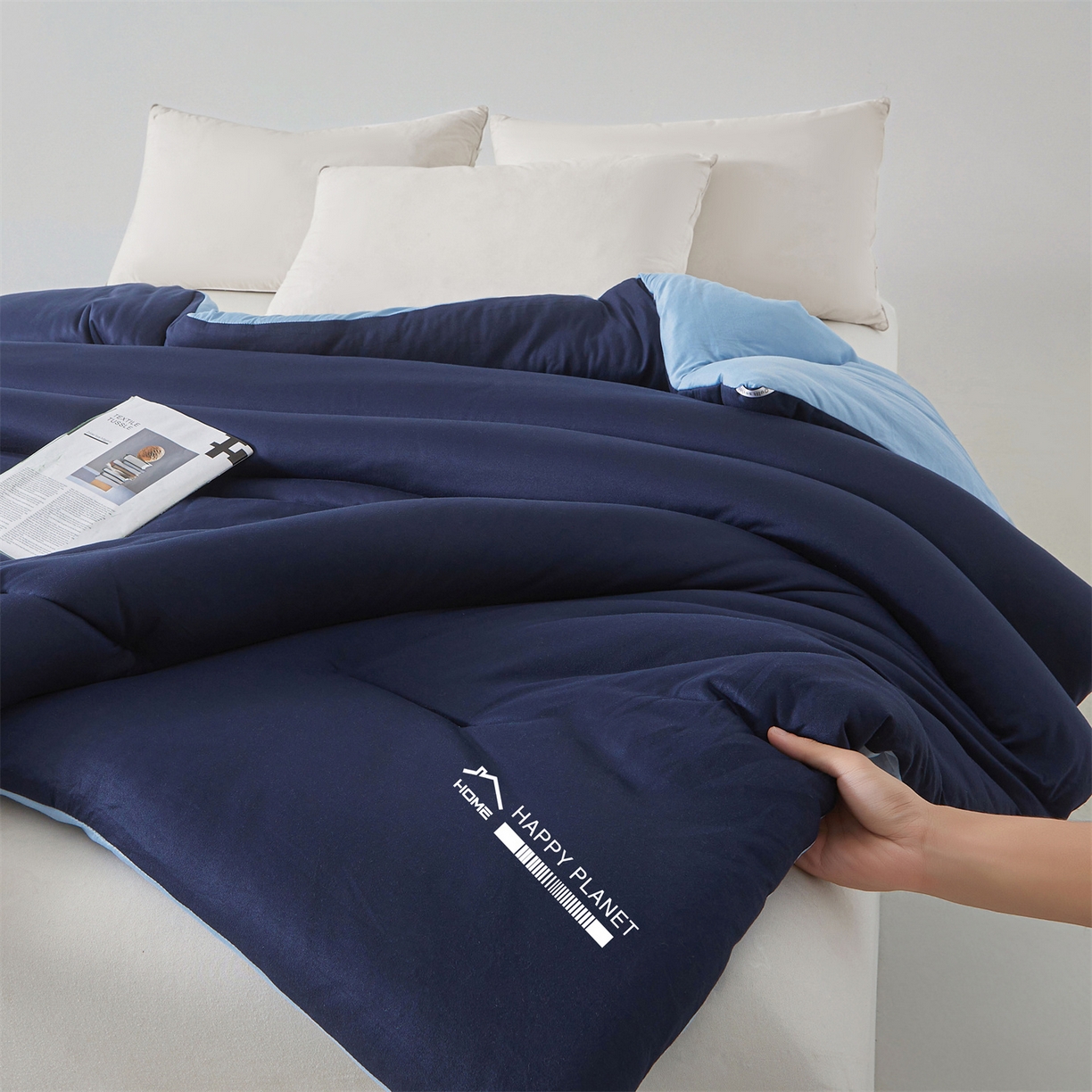 91家纺网 家纺一手货源 找家纺 阳光被业 2025亚朵同款A类针织棉大豆被春秋被四季被A类针织棉芯秋冬保暖被子 深睡蓝