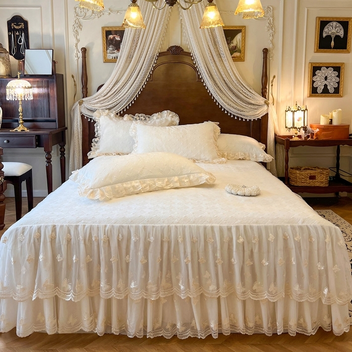 91家纺网 家纺一手货源 找家纺 （总）瑞宝 2025新款牛奶绒花边床盖四件套-蝶舞花语（控价 298起 ）