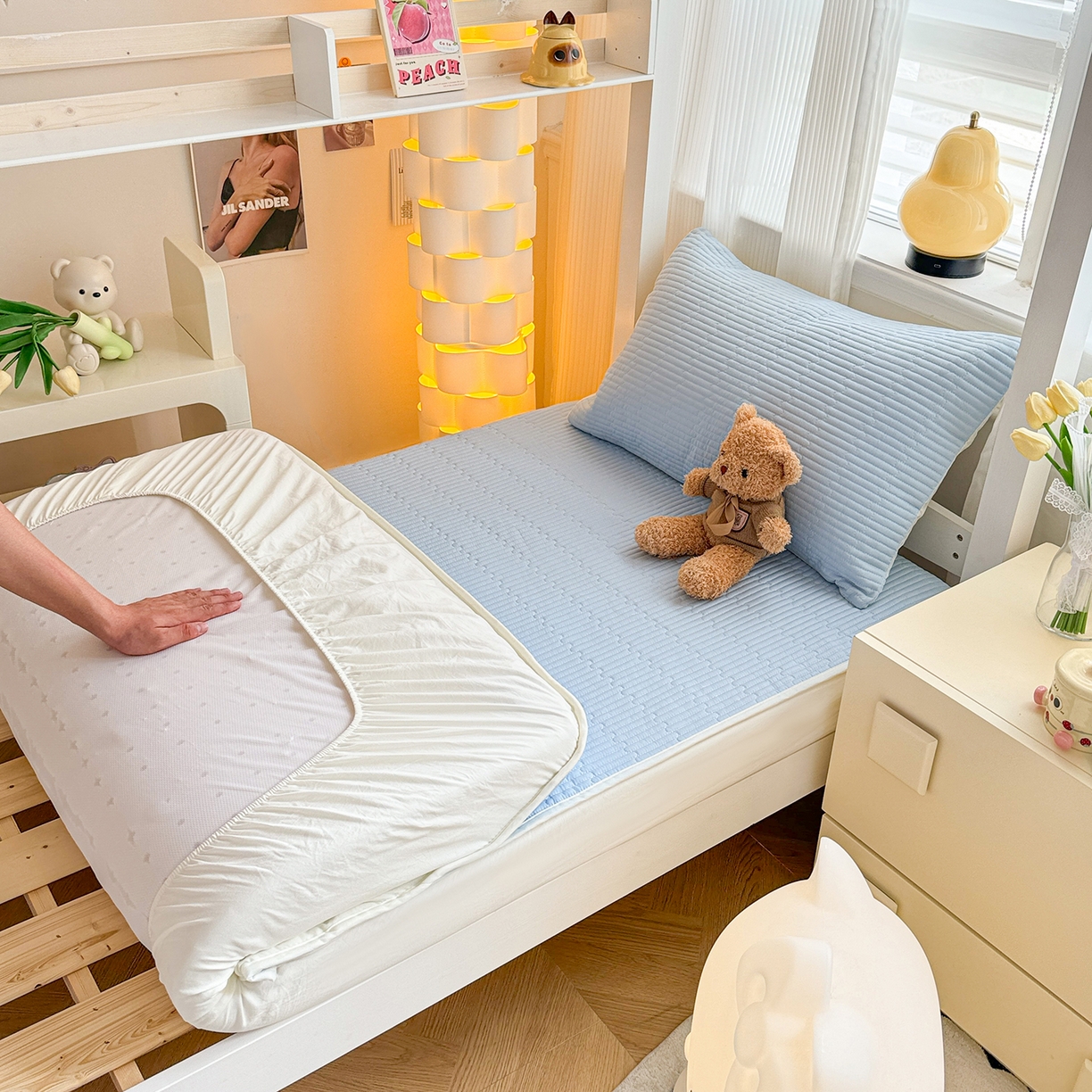 91家纺网 家纺一手货源 找家纺 妮可 2025新款卡通印花学生宿舍原棉夹棉床笠系列 蓝