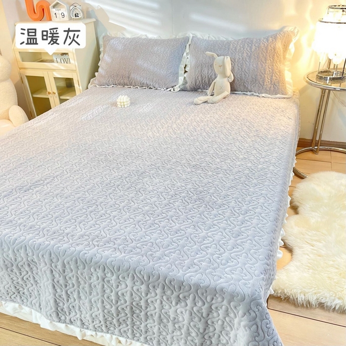 妮可 2025秋冬新款加厚牛奶绒多功能荷叶边纯色床盖 温暖灰