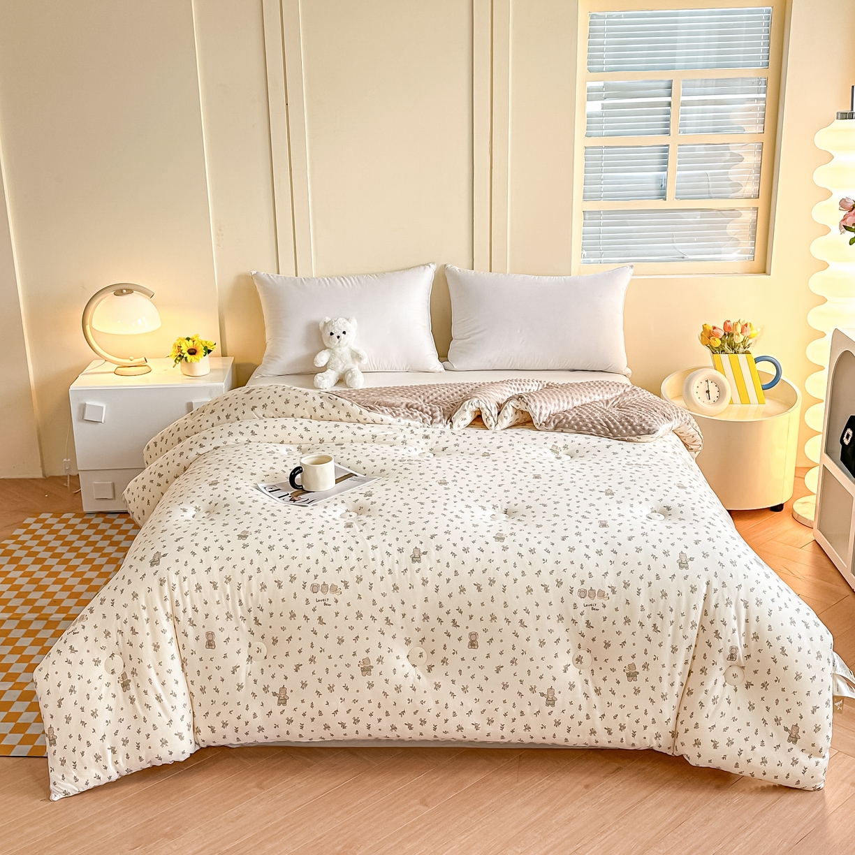 91家纺网 家纺一手货源 找家纺 纯优家纺 2025秋冬新款针织棉豆豆绒大豆秋冬被被子被芯（量大询价） 清茶小熊