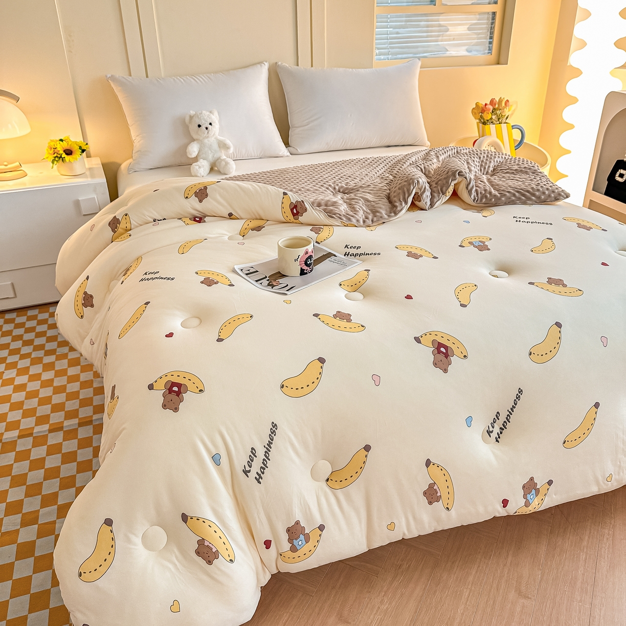 91家纺网 家纺一手货源 找家纺 纯优家纺 2025秋冬新款针织棉豆豆绒大豆秋冬被被子被芯（量大询价） 香蕉熊