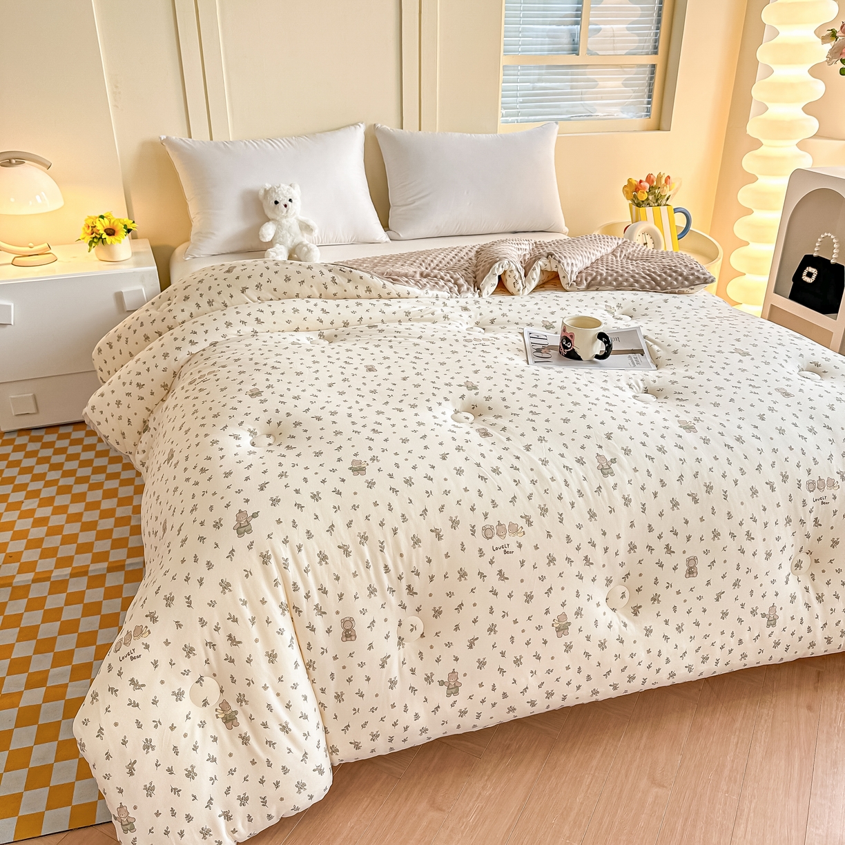 91家纺网 家纺一手货源 找家纺 纯优家纺 2025秋冬新款针织棉豆豆绒大豆秋冬被被子被芯（量大询价） 清茶小熊