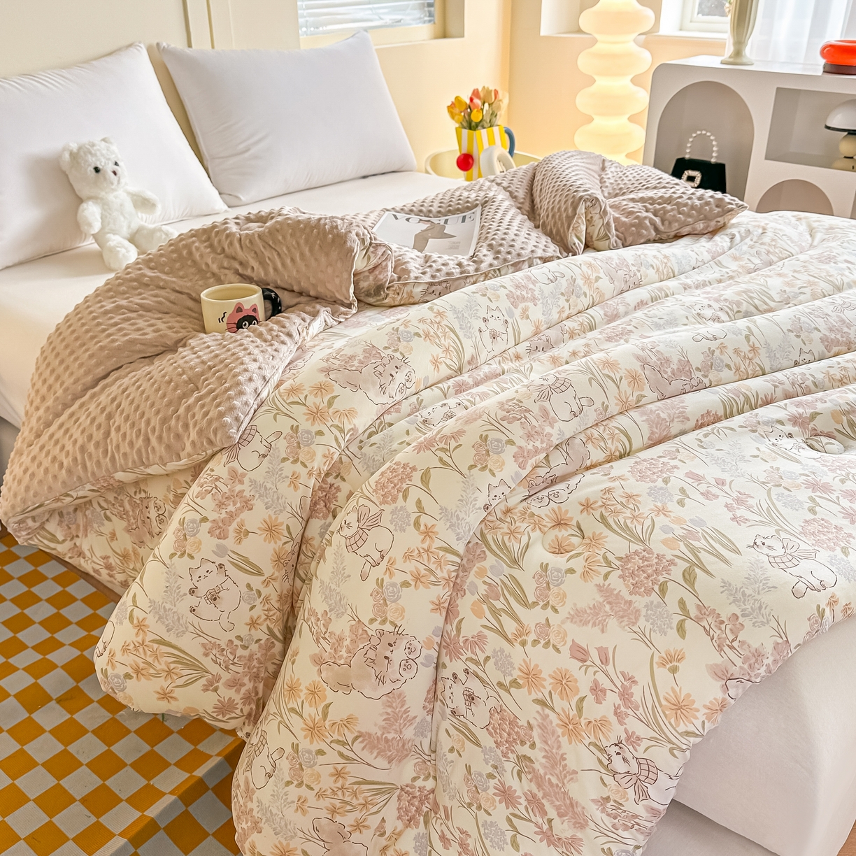 91家纺网 家纺一手货源 找家纺 纯优家纺 2025秋冬新款针织棉豆豆绒大豆秋冬被被子被芯（量大询价） 招财猫