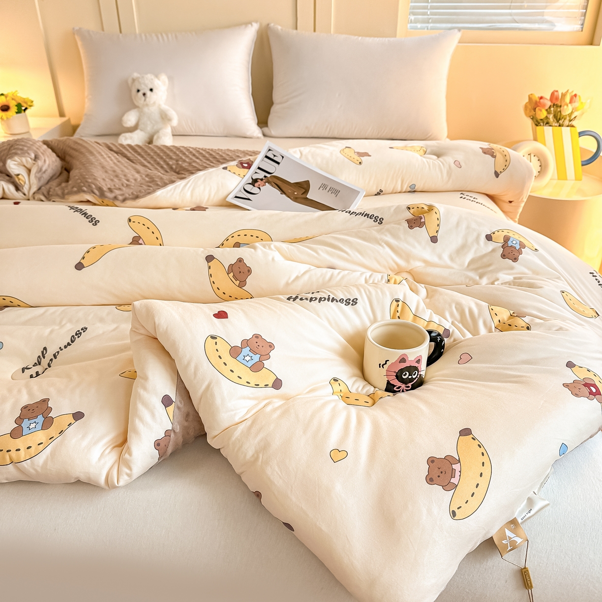 91家纺网 家纺一手货源 找家纺 纯优家纺 2025秋冬新款针织棉豆豆绒大豆秋冬被被子被芯（量大询价） 香蕉熊