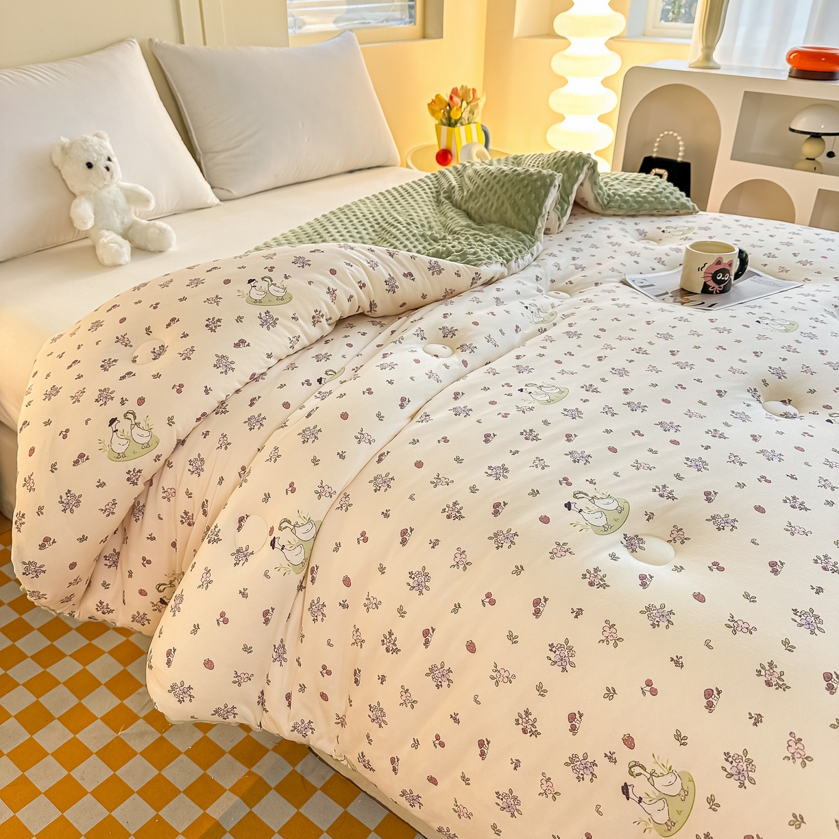 91家纺网 家纺一手货源 找家纺 纯优家纺 2025秋冬新款针织棉豆豆绒大豆秋冬被被子被芯（量大询价） 你好鸭