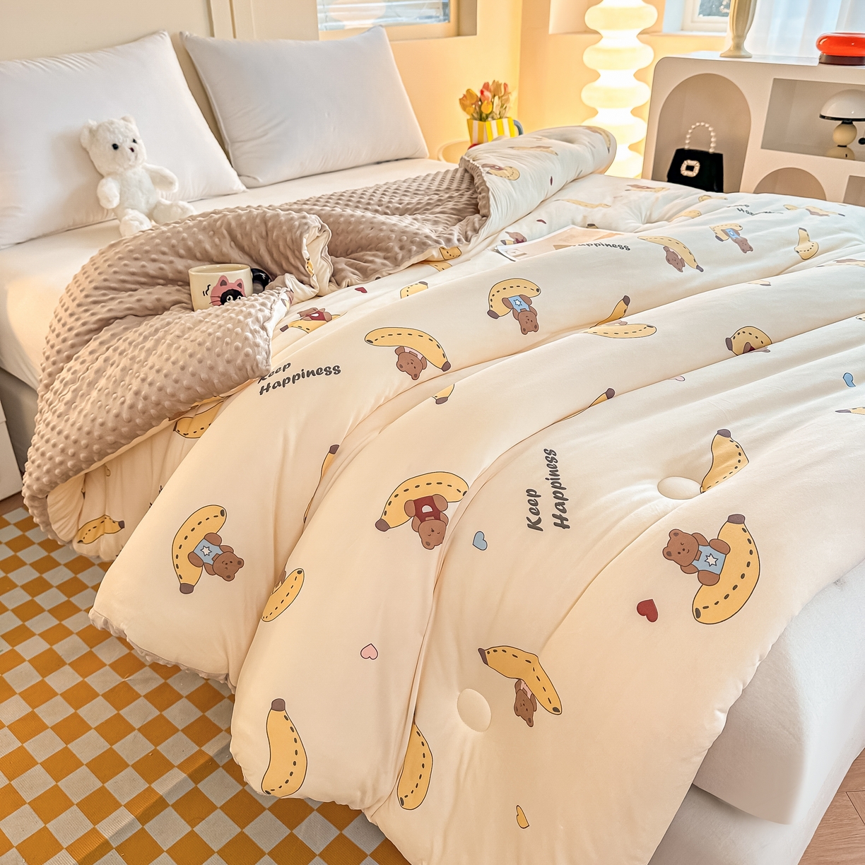 91家纺网 家纺一手货源 找家纺 纯优家纺 2025秋冬新款针织棉豆豆绒大豆秋冬被被子被芯（量大询价） 香蕉熊