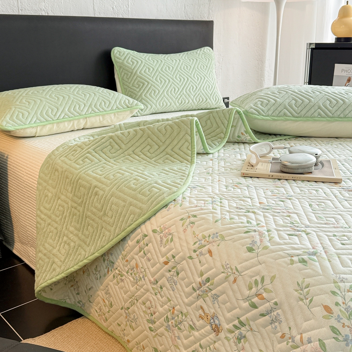 91家纺网 家纺一手货源 找家纺 妮可 2025新款四季款双面可用一面棉一面220克牛奶绒夹棉床单床盖 绿茉-遇见