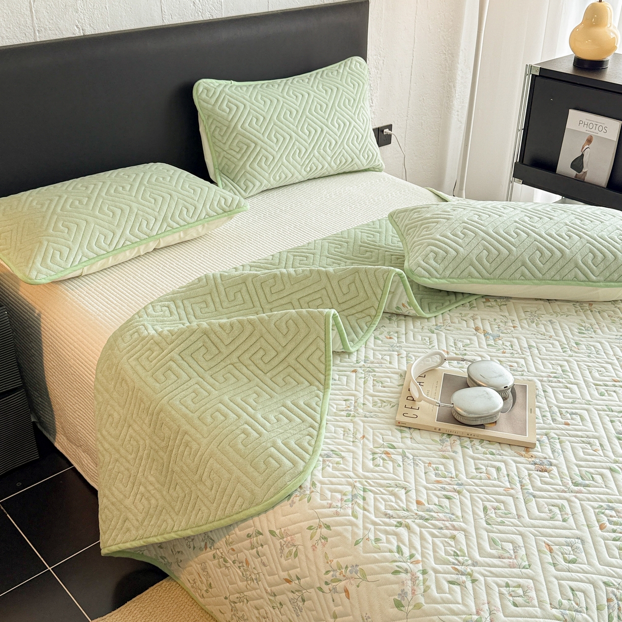 91家纺网 家纺一手货源 找家纺 妮可 2025新款四季款双面可用一面棉一面220克牛奶绒夹棉床单床盖 绿茉-遇见