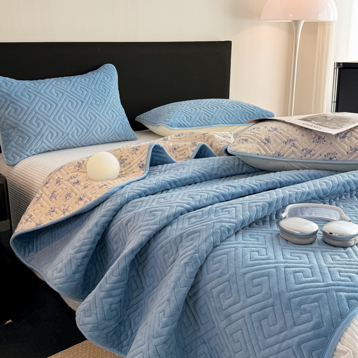 91家纺网 家纺一手货源 找家纺 妮可 2025新款四季款双面可用一面棉一面220克牛奶绒夹棉床单床盖 蓝芙-芳华