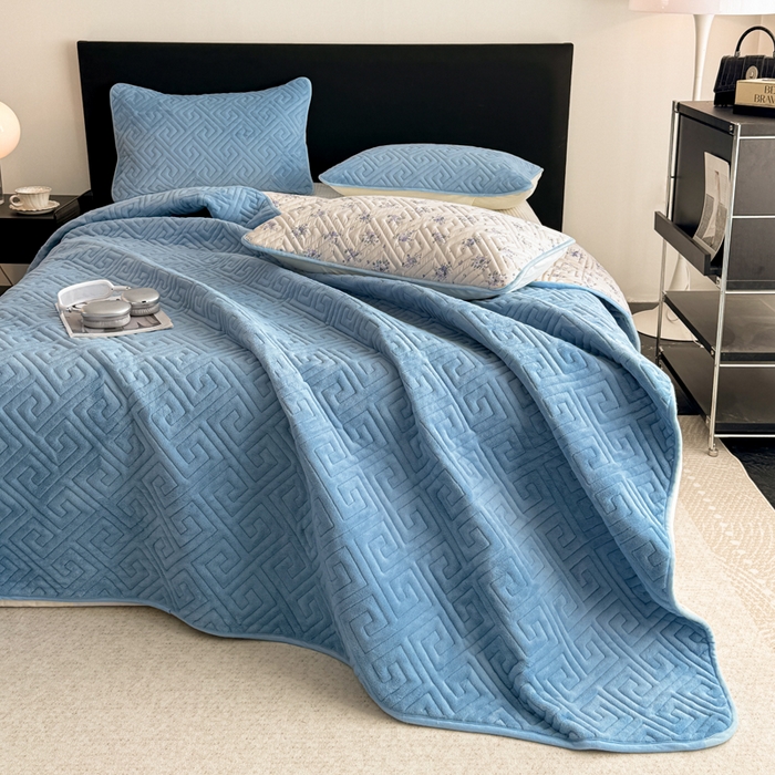 91家纺网 家纺一手货源 找家纺 妮可 2025新款四季款双面可用一面棉一面220克牛奶绒夹棉床单床盖 蓝芙-芳华