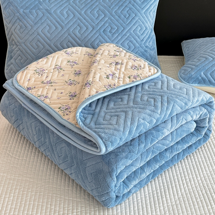 91家纺网 家纺一手货源 找家纺 妮可 2025新款四季款双面可用一面棉一面220克牛奶绒夹棉床单床盖 蓝芙-芳华